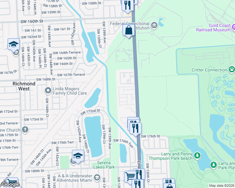map of restaurants, bars, coffee shops, grocery stores, and more near 13813 Southwest 170th Terrace in Miami