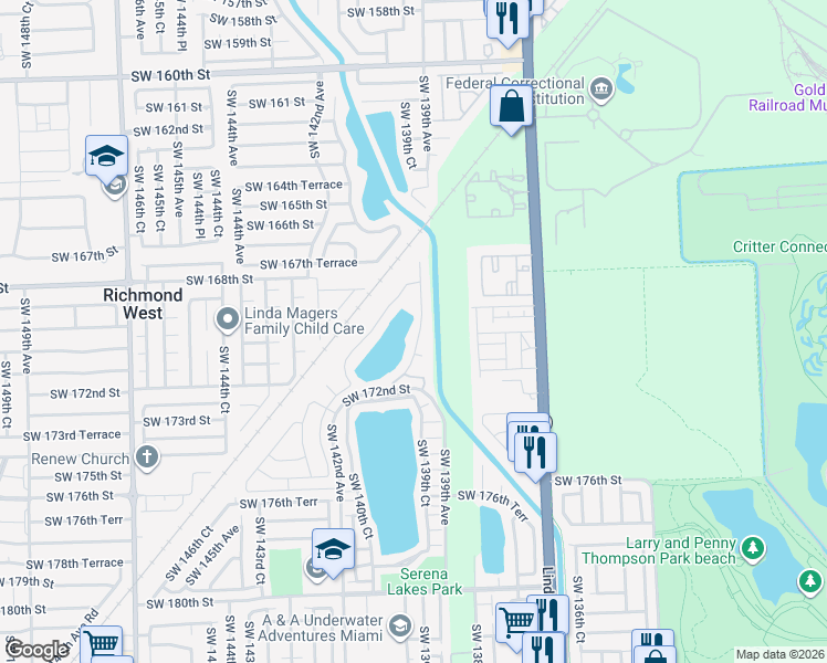 map of restaurants, bars, coffee shops, grocery stores, and more near 17030 Southwest 139th Place in Miami