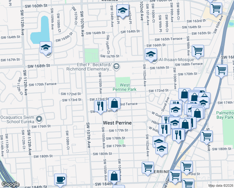 map of restaurants, bars, coffee shops, grocery stores, and more near 10382 Southwest 172nd Street in Miami