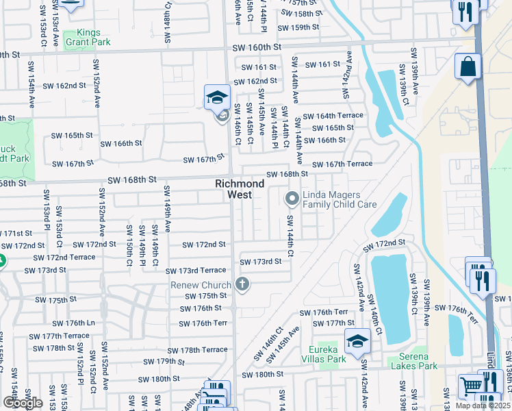 map of restaurants, bars, coffee shops, grocery stores, and more near 14535 Southwest 170th Street in Miami