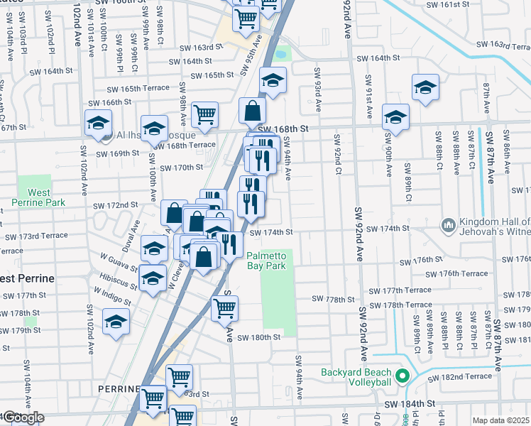 map of restaurants, bars, coffee shops, grocery stores, and more near 17255 Southwest 95th Avenue in Palmetto Bay
