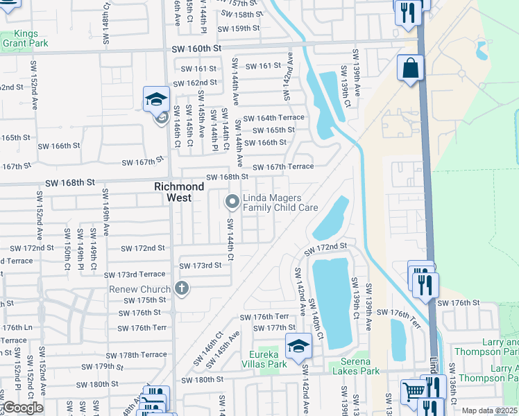 map of restaurants, bars, coffee shops, grocery stores, and more near 14334 Southwest 170th Street in Miami