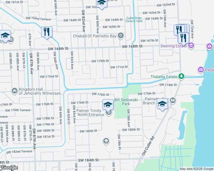 map of restaurants, bars, coffee shops, grocery stores, and more near 7980 Southwest 173rd Terrace in Palmetto Bay