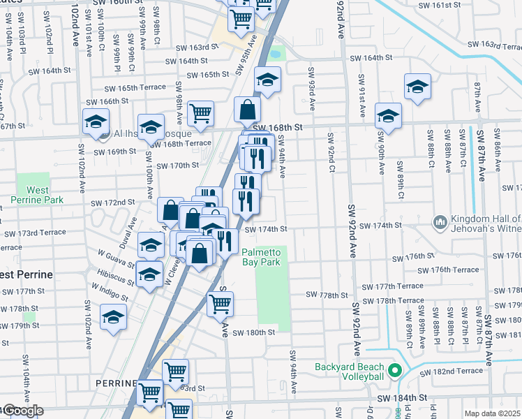 map of restaurants, bars, coffee shops, grocery stores, and more near 17255 Southwest 95th Avenue in Palmetto Bay