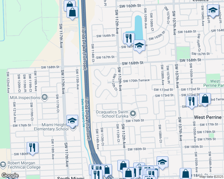 map of restaurants, bars, coffee shops, grocery stores, and more near 17142 Southwest 112th Court in Miami