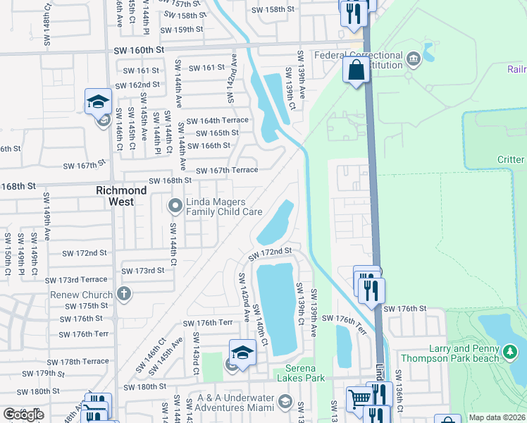 map of restaurants, bars, coffee shops, grocery stores, and more near 17024 Southwest 142nd Place in Miami