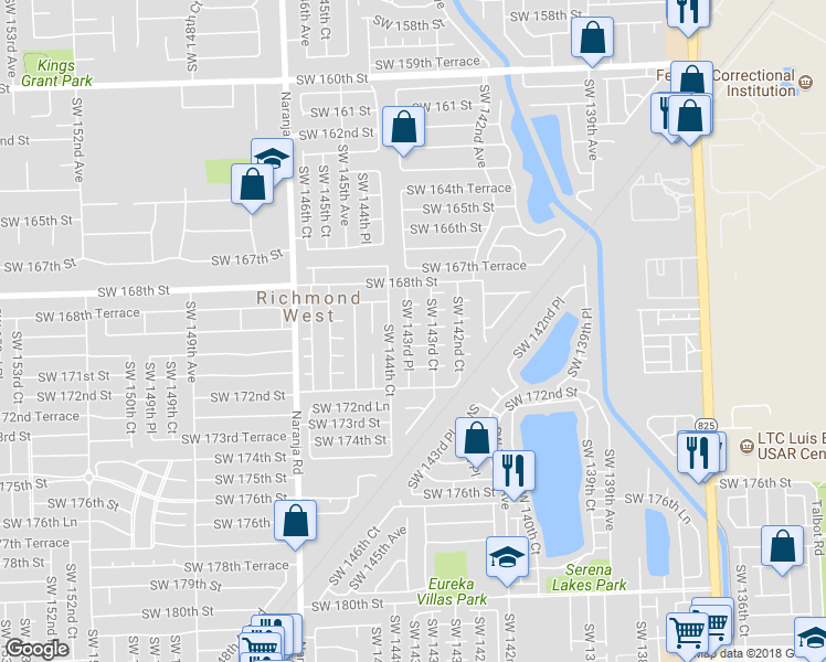map of restaurants, bars, coffee shops, grocery stores, and more near 14364 Southwest 169th Street in Miami