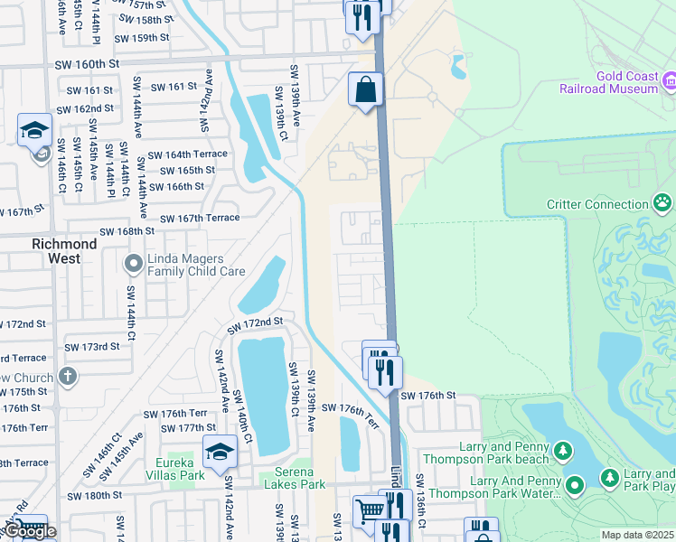 map of restaurants, bars, coffee shops, grocery stores, and more near 16901 Southwest 138th Court in Miami