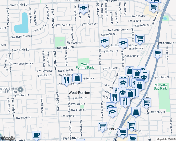 map of restaurants, bars, coffee shops, grocery stores, and more near 10300 Southwest 172nd Street in Miami