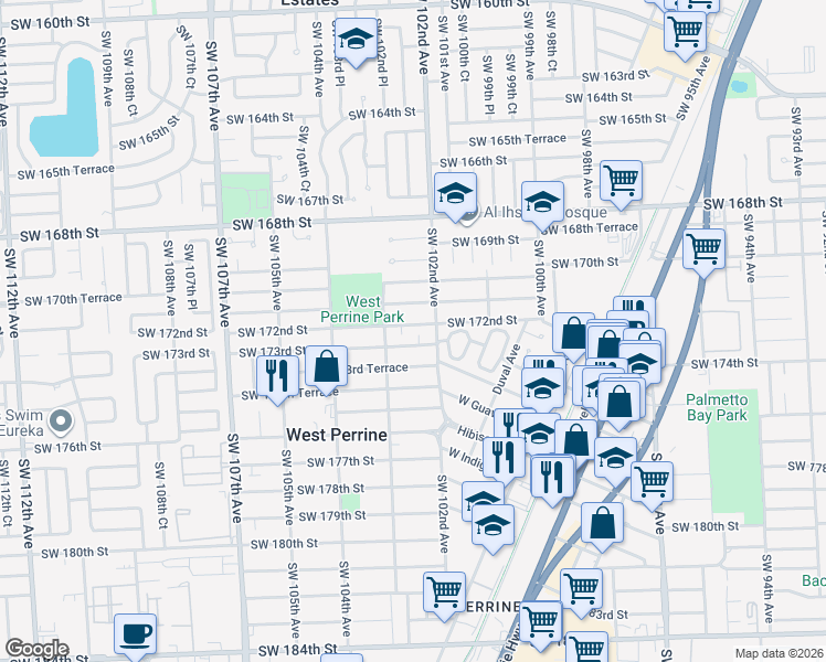 map of restaurants, bars, coffee shops, grocery stores, and more near 10250 Southwest 172nd Street in Miami