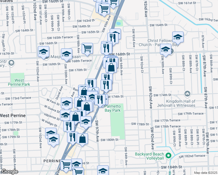map of restaurants, bars, coffee shops, grocery stores, and more near 17255 Southwest 95th Avenue in Palmetto Bay