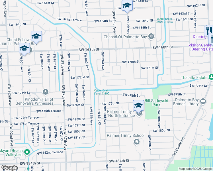 map of restaurants, bars, coffee shops, grocery stores, and more near 9315 Southwest 173rd Terrace in Palmetto Bay