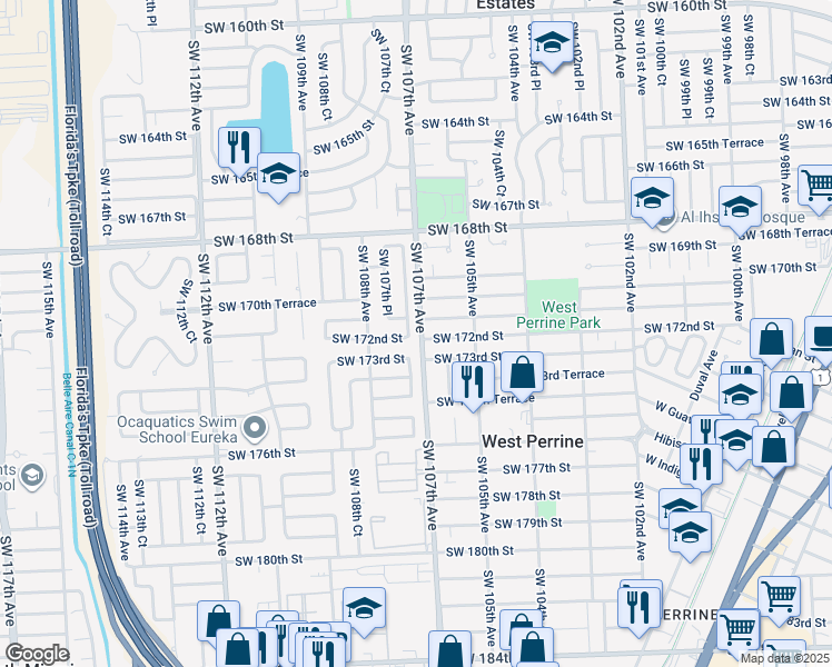 map of restaurants, bars, coffee shops, grocery stores, and more near 17135 Southwest 107th Court in Miami
