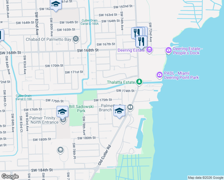 map of restaurants, bars, coffee shops, grocery stores, and more near 7541 Southwest 174th Street in Palmetto Bay