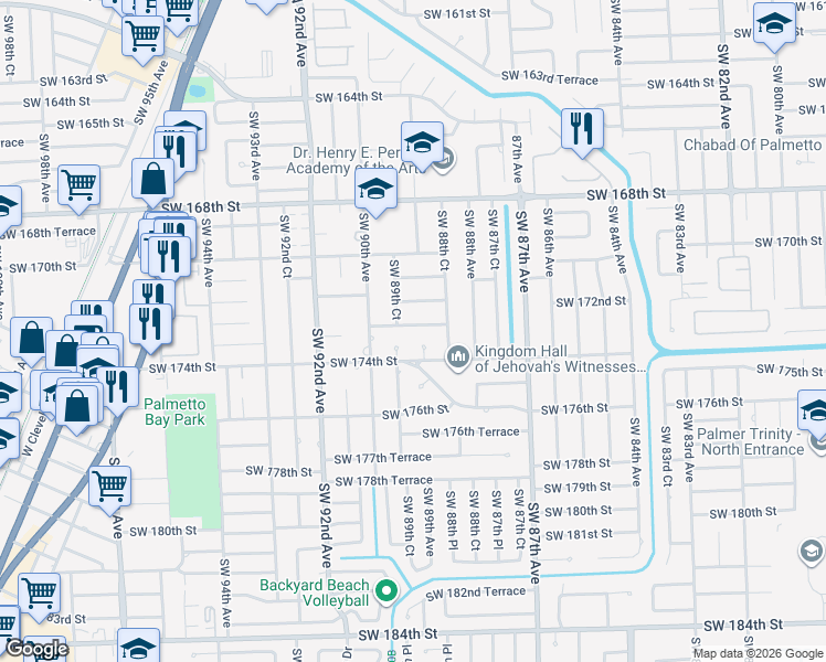 map of restaurants, bars, coffee shops, grocery stores, and more near 8920 Southwest 172nd Terrace in Palmetto Bay