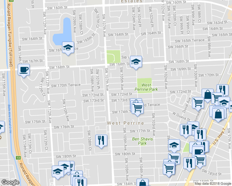 map of restaurants, bars, coffee shops, grocery stores, and more near 10541 Southwest 172nd Street in Miami
