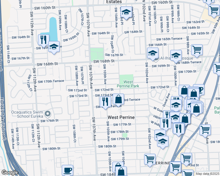 map of restaurants, bars, coffee shops, grocery stores, and more near 10465 Southwest 172nd Street in Miami