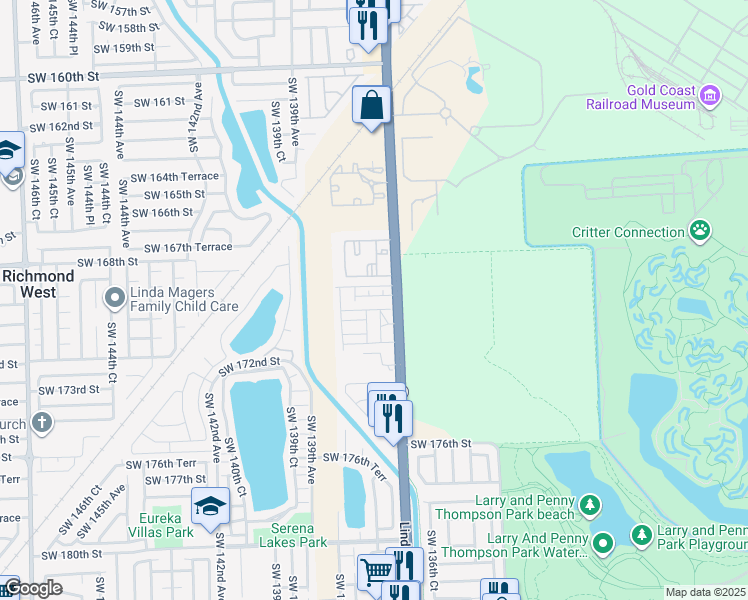 map of restaurants, bars, coffee shops, grocery stores, and more near 13729 Southwest 170th Terrace in Miami