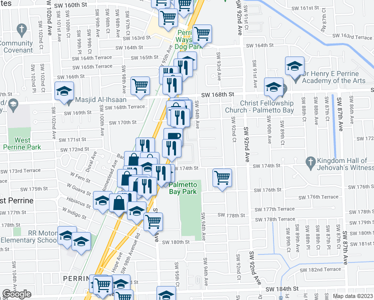 map of restaurants, bars, coffee shops, grocery stores, and more near 17255 Southwest 95th Avenue in Palmetto Bay