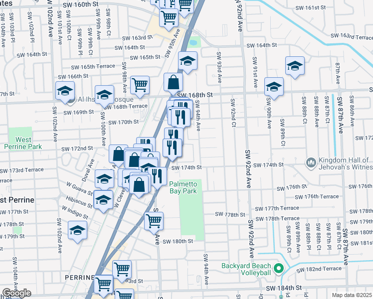 map of restaurants, bars, coffee shops, grocery stores, and more near 17255 Southwest 95th Avenue in Palmetto Bay