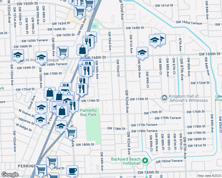 map of restaurants, bars, coffee shops, grocery stores, and more near 9315 Southwest 173rd Terrace in Palmetto Bay