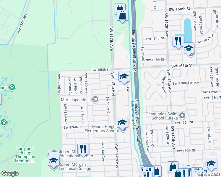 map of restaurants, bars, coffee shops, grocery stores, and more near 17030 Southwest 117th Avenue in Miami