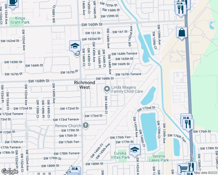 map of restaurants, bars, coffee shops, grocery stores, and more near 14364 Southwest 169th Street in Miami