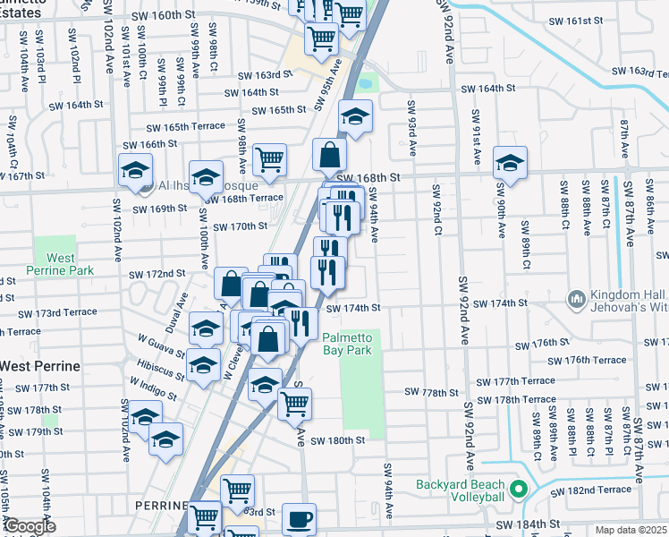 map of restaurants, bars, coffee shops, grocery stores, and more near 17225 South Dixie Highway in Palmetto Bay