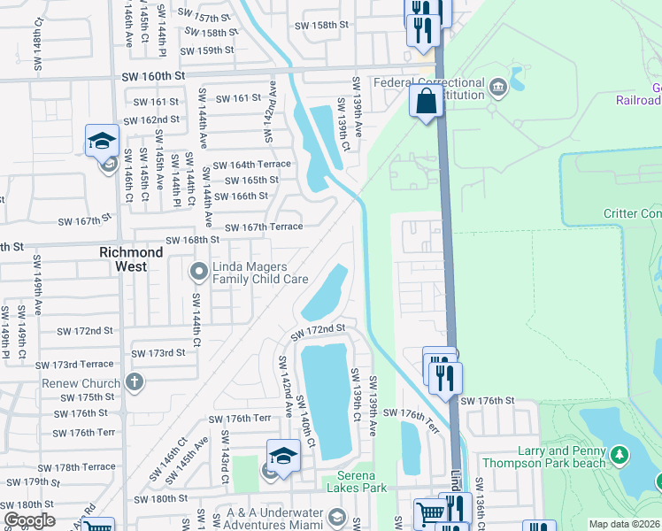 map of restaurants, bars, coffee shops, grocery stores, and more near 17030 Southwest 139th Place in Miami
