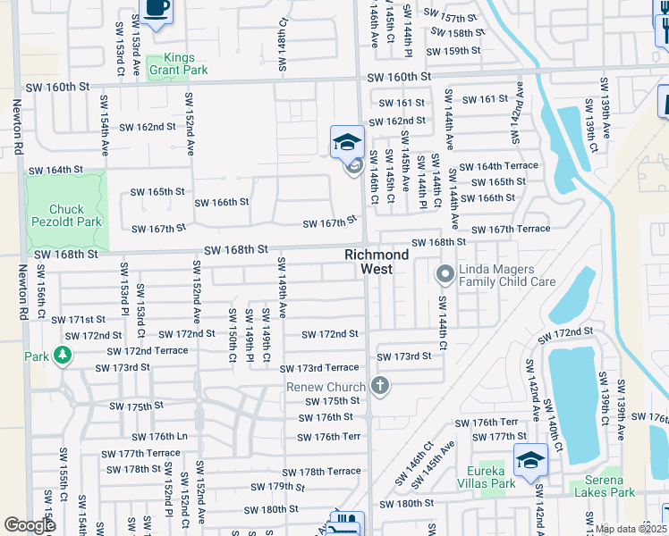 map of restaurants, bars, coffee shops, grocery stores, and more near 14752 Southwest 169th Lane in Miami
