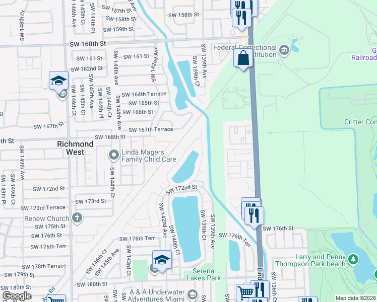 map of restaurants, bars, coffee shops, grocery stores, and more near 17030 Southwest 139th Place in Miami