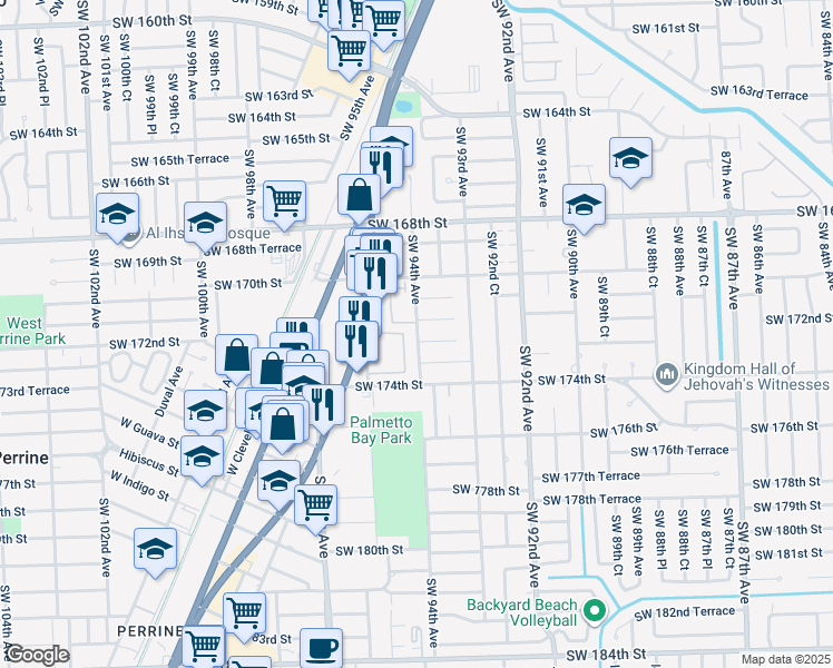 map of restaurants, bars, coffee shops, grocery stores, and more near 9375 Southwest 173rd Terrace in Palmetto Bay