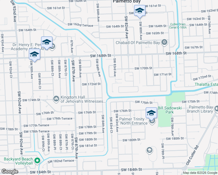 map of restaurants, bars, coffee shops, grocery stores, and more near 17191 Southwest 84th Avenue in Palmetto Bay