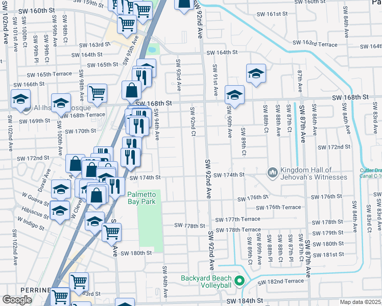 map of restaurants, bars, coffee shops, grocery stores, and more near 17121 Southwest 92nd Court in Palmetto Bay