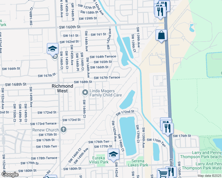 map of restaurants, bars, coffee shops, grocery stores, and more near 14137 Southwest 168th Lane in Miami