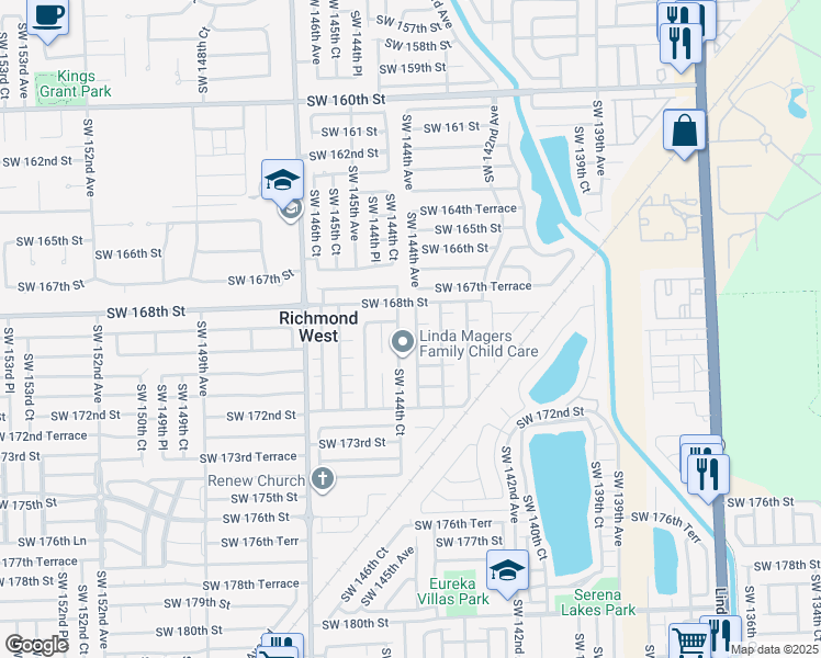 map of restaurants, bars, coffee shops, grocery stores, and more near 16862 Southwest 143rd Place in Miami