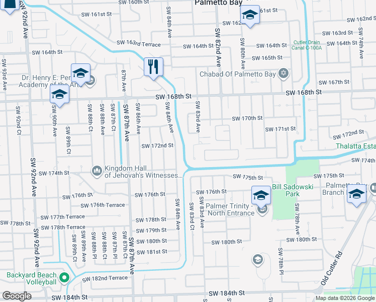 map of restaurants, bars, coffee shops, grocery stores, and more near 17191 Southwest 84th Avenue in Palmetto Bay