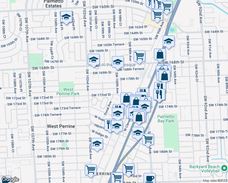 map of restaurants, bars, coffee shops, grocery stores, and more near 10015 Southwest 171st Street in Miami