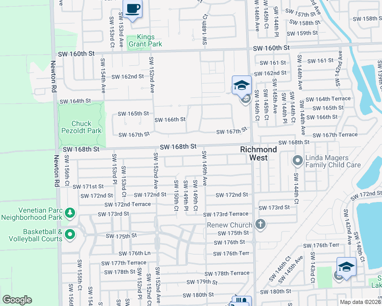 map of restaurants, bars, coffee shops, grocery stores, and more near 14910 Southwest 168th Street in Miami