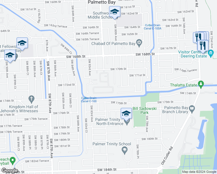 map of restaurants, bars, coffee shops, grocery stores, and more near 17198 Southwest 81st Court in Palmetto Bay