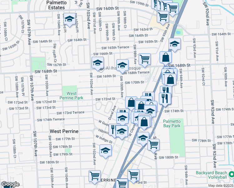 map of restaurants, bars, coffee shops, grocery stores, and more near 10015 Southwest 171st Street in Miami