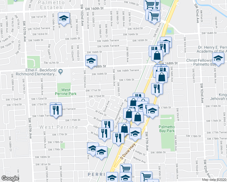 map of restaurants, bars, coffee shops, grocery stores, and more near 10015 Southwest 171st Street in Miami