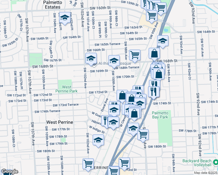 map of restaurants, bars, coffee shops, grocery stores, and more near 10015 Southwest 171st Street in Miami