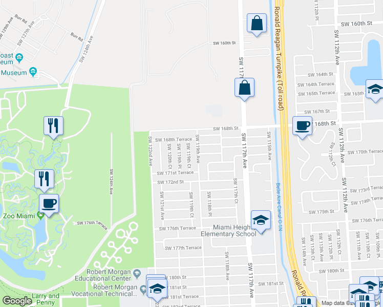 map of restaurants, bars, coffee shops, grocery stores, and more near 16922 Southwest 119th Court in Miami