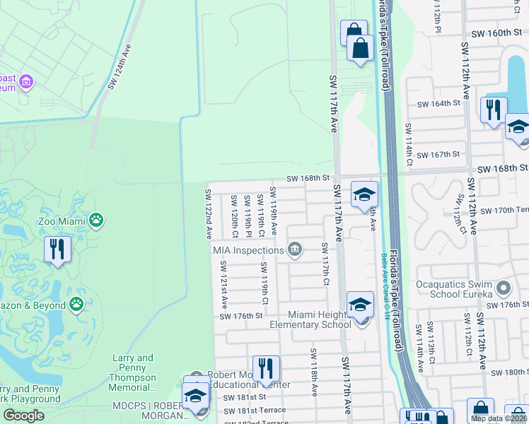 map of restaurants, bars, coffee shops, grocery stores, and more near 16922 Southwest 119th Court in Miami