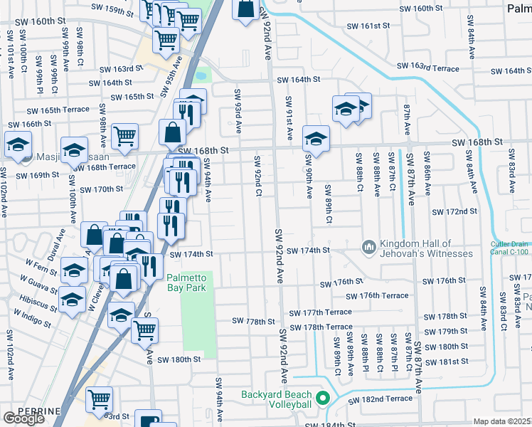 map of restaurants, bars, coffee shops, grocery stores, and more near 17121 Southwest 92nd Court in Palmetto Bay