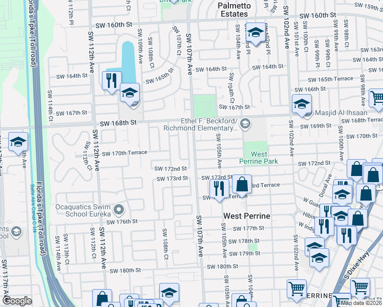 map of restaurants, bars, coffee shops, grocery stores, and more near 17015 Southwest 107th Court in Miami