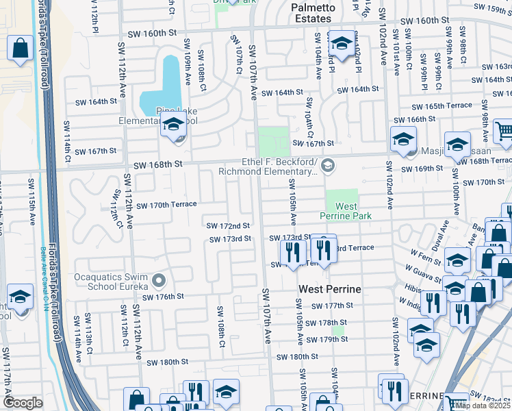 map of restaurants, bars, coffee shops, grocery stores, and more near 17015 Southwest 107th Court in Miami