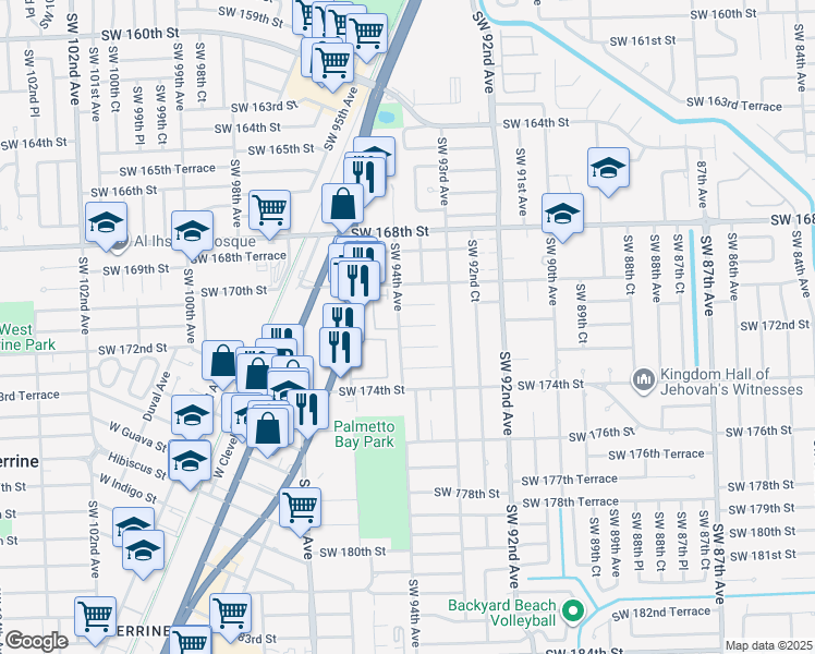 map of restaurants, bars, coffee shops, grocery stores, and more near 9365 Southwest 171st Terrace in Palmetto Bay