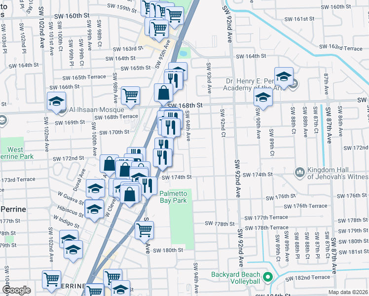 map of restaurants, bars, coffee shops, grocery stores, and more near 9365 Southwest 171st Terrace in Palmetto Bay